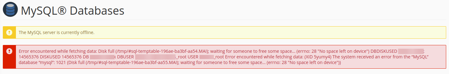 Error encountered while fetching data: Disk full (/tmp/#sql-temptable-X ...
