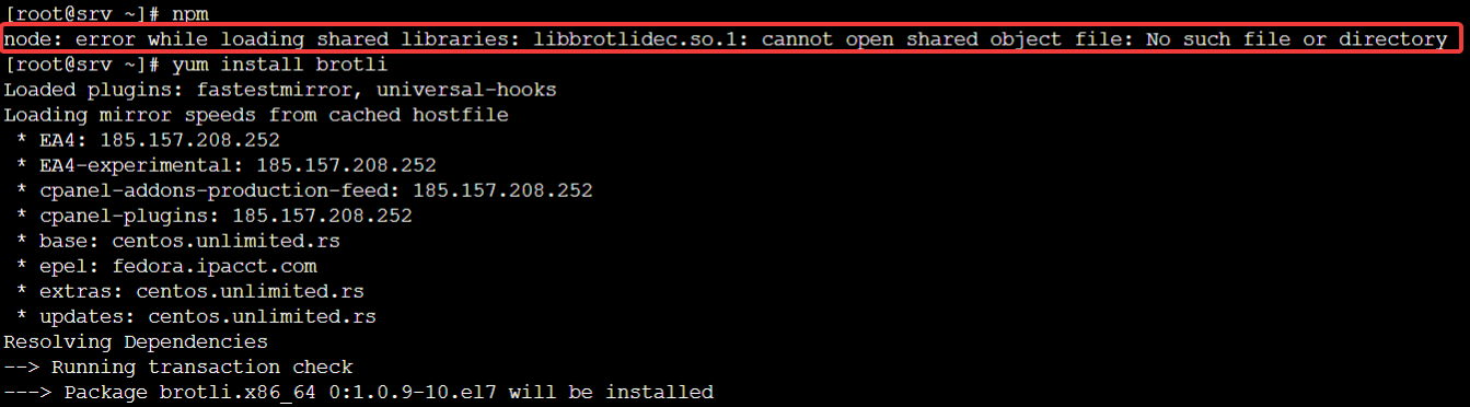 node: error while loading shared libraries: libbrotlidec.so.1: cannot ...
